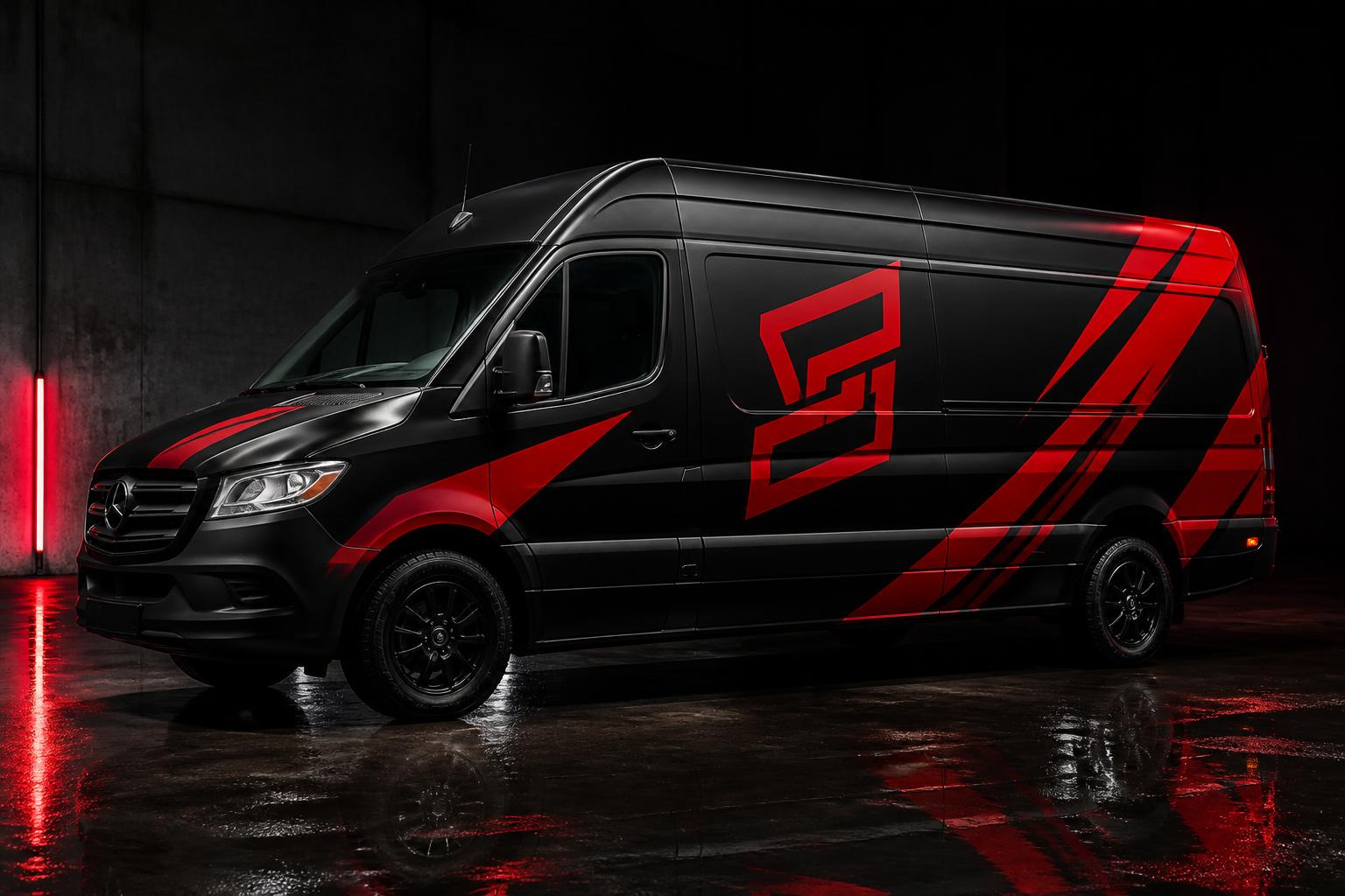 Commercial cargo van wrapped in matte black vinyl with bold red graphics